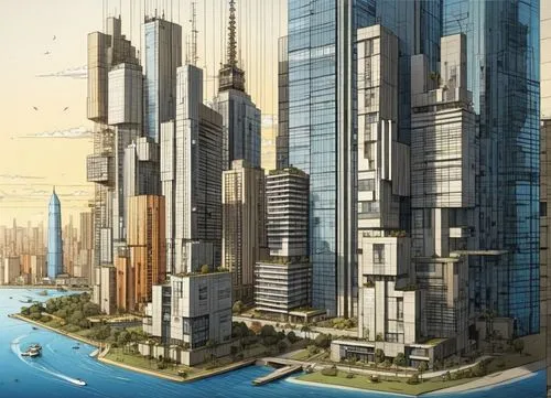 futuristic, highrise residential buildings,rendering, elevation,a painting of a city that looks like it could be built in the future,dubai marina,dubay,dubia,supertall,megaproject,emaar,Illustration,V