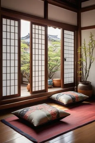 Traditional Korean hanok, cozy living room, wooden floor, natural wood grain, minimalist decor, low seating, cushions in vibrant colors, intricate patterns on ceramics, vintage lanterns, soft warm lig