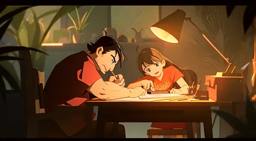 children studying,tutoring,coloring,tutor,study room,scene lighting,study,colouring,quill pen,examining,animator,kids illustration,animation,the coffee shop,fireflies,warmth,gnomes at table,coffee sho