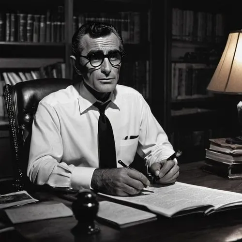 Twilight Zone Rod Serling, middle-aged man, smoking cigar, serious facial expression, thinning hair, glasses, formal suit, white shirt, black tie, holding script paper, standing in a dimly lit room, o