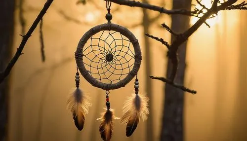 Dreamcatcher, mystical clock, hanging from a branch, Bohemian, macrame cord, feathers, beads, web-like pattern, intricate details, warm golden lighting, soft focus, vintage tone, natural textures, ear