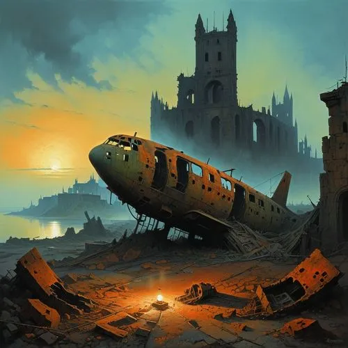 bombardir,mordenkainen,plane wreck,bulatov,airship,ship wreck,Conceptual Art,Sci-Fi,Sci-Fi 07