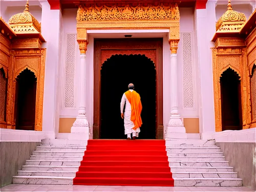 Hindu temple, Ram Mandir, intricate carvings, ornate decorations, golden domes, red flags, marble floors, grand entrance, stairs leading up, priest standing, devotees praying, morning sunlight, warm c