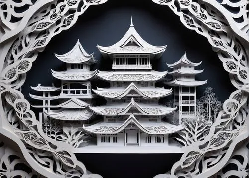 asian architecture,paper art,white temple,pagodas,stone pagoda,shuozhou,golden pavilion,the golden pavilion,japanese garden ornament,sanshui,japanese paper lanterns,fengshui,woodblock,oriente,karchner,wudang,stone palace,hall of supreme harmony,oriental lantern,dragon palace hotel,Illustration,Black and White,Black and White 01