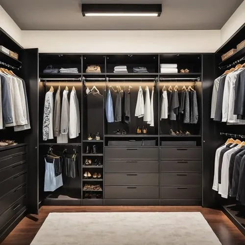 walk-in closet,closet,wardrobe,women's closet,dresser,armoire,storage cabinet,organized,dark cabinetry,modern style,one-room,cabinetry,dark cabinets,organization,men clothes,modern room,menswear,interior design,great room,drawers,Illustration,Abstract Fantasy,Abstract Fantasy 23