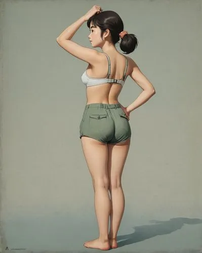 Studio Ghibli wwii nose art style, beautiful teen girl posing in a provacative manner wearing only her bra and hiding her exposed buttocks, barefoot, ,pin-up girl,retro pin up girl,pin up girl,pin ups