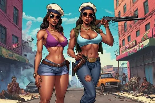 freaknik,gta,bombshells,policewomen,bad girls,chicanas,cholas,cuba background,game illustration,two girls,beach goers,temptresses,fembots,bikinians,beachheads,beachgoers,tropico,palmiotti,afro american girls,gangstar,Illustration,Vector,Vector 19