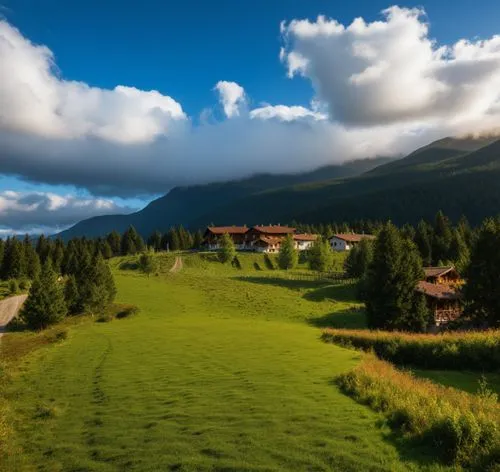 a lush green hillside under a cloudy blue sky,bucovina romania,tatra mountains,bucovina,klosters,zakopane,alpine pastures,Photography,General,Realistic