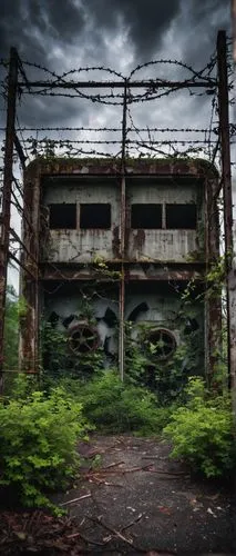 Abandoned nuclear warning facility, eerie atmosphere, rusted metal exterior, broken windows, overgrown with vines, concrete walls, barbed wire fencing, warning signs, radioactive symbol, abandoned mac