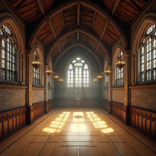 hammerbeam,inglenook,cryengine,wooden floor,empty hall,schoolrooms,hall,light rays,sacristy,courtroom,schoolroom,hallway,wooden beams,sanctuary,empty interior,panelled,narthex,ballroom,daylighting,wooden windows,Photography,General,Realistic