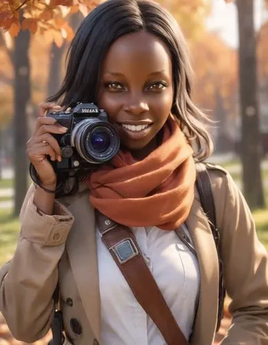 A cheerful woman with a wide heart and a bright smile captures the moment with a camera, golden hour lighting, capturing a shot, shallow depth of field, expressive facial features, shot on a DSLR lens