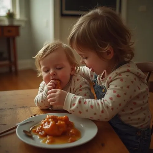 little boy and girl,soother,hands holding plate,spoonfed,mealtimes,feeding