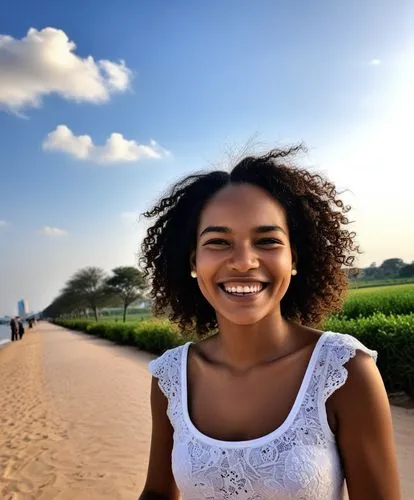 That smile that will never be forgotten, is beautiful, unique and fills life with hope.,a woman wearing a white shirt is smiling,ethiopian girl,nneka,angolan,eritrea,azilah,girl on the dune