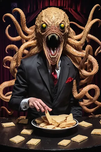 Describe a hilarious incident at a comedy club where a stand-up comedian uses parmesan wafers as props to entertain the audience.,calamari,squid game card,kraken,octopus,kontroller,fusilli,rotini,fun 