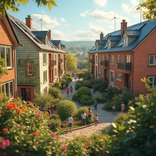 Eclectic community-centric social housing, vibrant colorful buildings, intricate brick patterns, large windows, green roofs, solar panels, wind turbines, communal gardens, flower beds, diverse residen