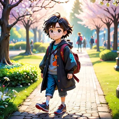 hiro,walking in a spring,anime boy,ghibli,walk in a park,anime cartoon,Anime,Anime,Cartoon