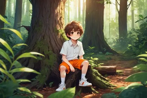 Chibi, Doki, Shota, young boy, sweet smile, big round eyes, messy brown hair, freckles on nose, casual white shirt, orange shorts, sneakers, sitting on a tree stump, forest surroundings, lush greenery