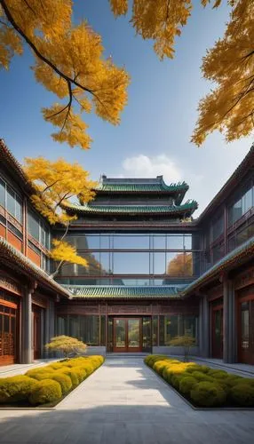 Beijing Institute of Architectural Design, modern Chinese building, grand entrance, symmetrical structure, large glass curtain walls, steel frames, grey stone facade, vibrant green roof garden, intric