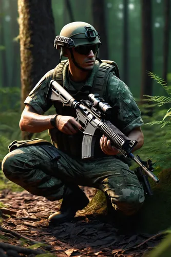 soldier, best cayo weapon loadout, assault rifle, sniper rifle, camouflage pattern, tactical gear, bulletproof vest, combat boots, night vision goggles, forest environment, stealth pose, kneeling, aim