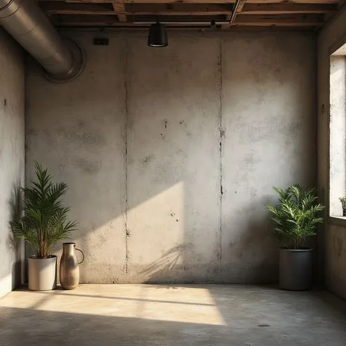 Rustic plastered concrete walls, rough texture, earthy tone, industrial chic aesthetic, urban loft atmosphere, reclaimed wood accents, metal beams, exposed ductwork, minimalist decor, natural light po