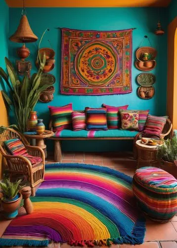 Vibrant colorful Mexican-style living room, rustic wooden furniture, embroidered cushions, sombrero-shaped lamps, Talavera pottery vases, colorful serape blankets, woven wicker baskets, terra cotta fl