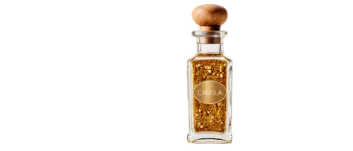 Spice bottle, ornate, transparent glass, intricately carved wooden cap, golden label, shiny surface, scattered spices around, warm lighting, shallow depth of field, 3/4 composition, soft focus, rustic