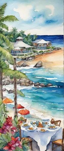 beach restaurant,watercolor cafe,beach bar,beach landscape,coffee bay,carmel by the sea,seaside view,summer beach umbrellas,seaside resort,the hotel beach,coastal landscape,beach chairs,watercolor cocktails,beach scenery,beach view,watercolor painting,watercolor background,bench by the sea,mona vale,carbis bay,Conceptual Art,Daily,Daily 34