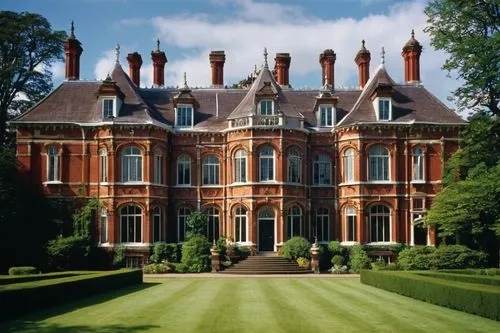 Queen Anne Architecture, England, grand building facade, symmetrical composition, ornate details, intricate carvings, red brick walls, white stone columns, arched windows, dormer windows, steeply pitc