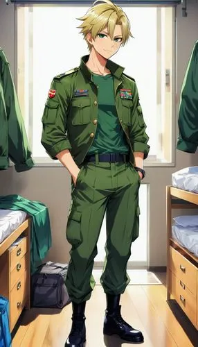 A handsome soldier with short messy blonde hair, dressed in costume was relaxing in a dormitory. He wears a military uniform, consisting of dark green pants, a green camouflage shirt and a green camou