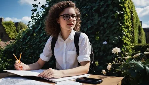 Female student, Cambridge School of Architecture, Landscape Design, solo, (20yo), glasses, curly brown hair, light makeup, white shirt, dark blue jeans, black sneakers, backpack, pencil case, papers, 