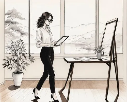 frame drawing,illustrator,secretarial,girl at the computer,office line art,wacom,vettriano,male poses for drawing,work at home,office worker,girl studying,assistant,work from home,standing desk,frame illustration,girl drawing,krita,pencil frame,businesswoman,programadora,Illustration,Paper based,Paper Based 30