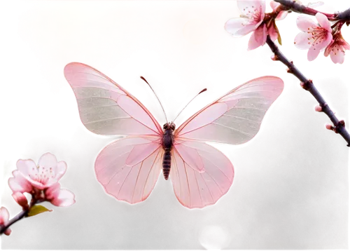 Delicate butterfly, pink cherry blossom, solo, (10cm), transparent wings, subtle veins, slender antennae, compound eyes, soft pink body, gentle fluttering, petals gently falling, morning dew, soft nat