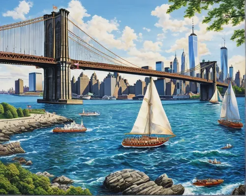 new york harbor,brooklyn bridge,harbor bridge,new york skyline,sailboats,oil painting on canvas,george washington bridge,coastal landscape,painting technique,sail boat,rainbow bridge,bridges,manhattan bridge,new york,hudson river,pier 14,sea landscape,david bates,sailing boats,manhattan skyline,Illustration,Realistic Fantasy,Realistic Fantasy 19