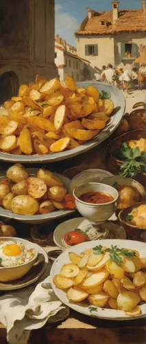 Describe a mouthwatering plate of French-fried potatoes at a lively bistro.,sicilian cuisine,portuguese food,viennese cuisine,hungarian food,eastern european food,czech cuisine,cuisine of madrid,spani