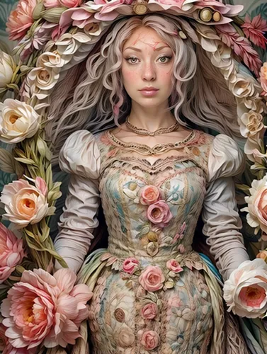 girl in a wreath,girl in flowers,rapunzel,rose wreath,noble roses,flora,porcelain rose,rosa 'the fairy,fantasy portrait,wreath of flowers,baroque angel,the sleeping rose,peach rose,flower fairy,faery,fantasy woman,the carnival of venice,rococo,rose flower illustration,fairy tale character