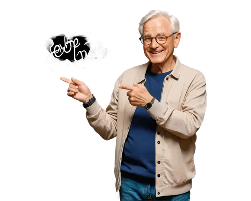 Deaf, sign language, elderly man, white hair, glasses, gentle smile, wrinkled hands, casual wear, beige sweater, dark blue jeans, warm lighting, soft focus, 3/4 composition, shallow depth of field, ci