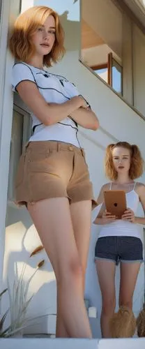 Tall girl with slightly wavy light brown hair, white top and denim shorts, leaning against side wall of house, blonde girl in background holding tablet,Slim model with short brown hair standing next t