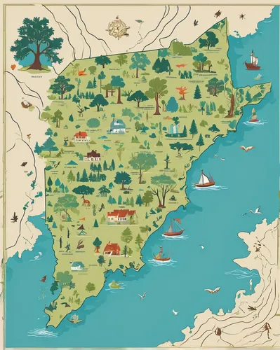 Imagine a whimsical map of North and South Carolina with magical forests, mythical creatures, and hidden treasures.,asturias,basque country,galician,galicia,alentejo,andalusia,castilla,catalonia,regio