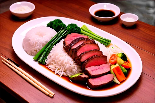 Delicious food, Japanese-style dinner, steaming hot, savory aroma, juicy beef, stir-fried vegetables, fluffy rice, ceramic plate, wooden table, warm lighting, shallow depth of field, appetizing compos