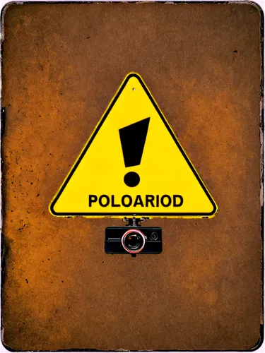 Warning sign, yellow background, black bold font, exclamation mark, reflective surface, metal material, rusty texture, 3D shape, low-angle shot, dramatic lighting, high contrast, vivid color tone, cen