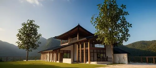 Luxury villa, เสาไม้สักหลังคาสีดำ, ตั้งอยู่บนภูเขา,a very nice house in the country side,amanresorts,asian architecture,lefay,timber house,house in mountains,house in the mountains,Photography,General