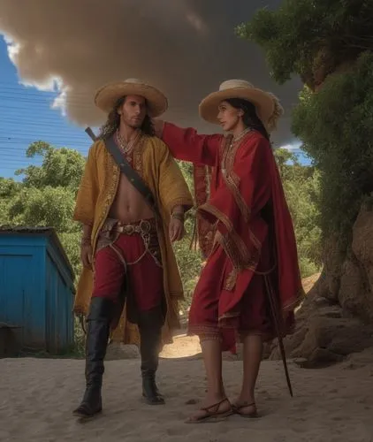 a man in red is dancing with another man in yellow,conquistadors,conquistadores,barbossa,troubadors,swashbucklers,gauchos,Photography,General,Realistic