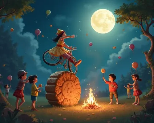 mid-autumn festival,celebration of witches,halloween illustration,fantasy picture,kids illustration,candy cauldron