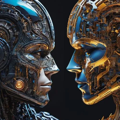 Transform cue words into beautiful visuals using AI,two people are wearing metal face masks,face to face,artificial intelligence,automatons,machines,generative ai,singularity,Illustration,American Sty