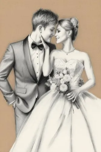 鲜花，婚纱，西服，领结,a black and white po of a bride and groom,maxon,wedding couple,wedding frame,wedded,hochzeit,silver wedding,Illustration,Black and White,Black and White 30