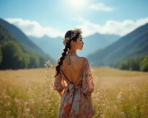 mongolian girl,inner mongolian beauty,girl in a long dress from the back,meadow,girl in a long dress,altai