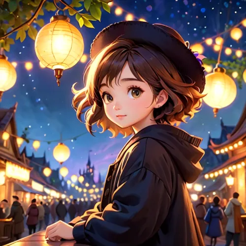 anime japanese clothing,fairy tale character,studio ghibli,witch's hat icon,magical,magical adventure,shanghai disney,violet evergarden,akko,portrait background,starry sky,cg artwork,honmei choco,fest