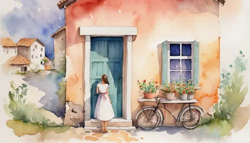 Write a heartwarming story about Jacqueline Bracamontes finding true love in a small village.,watercolor shops,watercolor tea shop,watercolor cafe,watercolor,watercolor paris balcony,watercolor painti