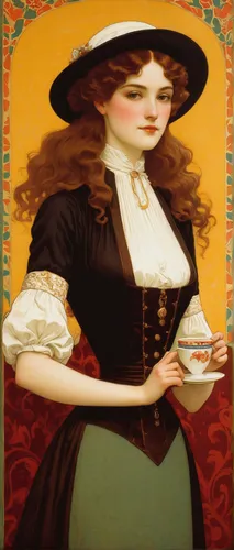 Savor the rich aroma of coffee blended with velvety milk foam.,woman drinking coffee,girl with cereal bowl,woman holding pie,woman with ice-cream,café au lait,tea card,victorian lady,tea drinking,hold