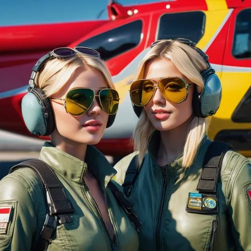 Two 32 years old civil blonde and light-brown female commercial air mechanics in civil 2024 elaborate flight mid-blue overalls with flight gear and green colored sun-glasses, licking together one yell